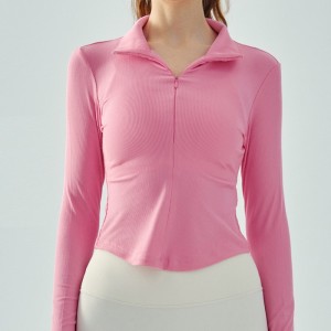 Women winter lapel neck crop long sleeve coat invisible zip slim fit running yoga workout jacket
