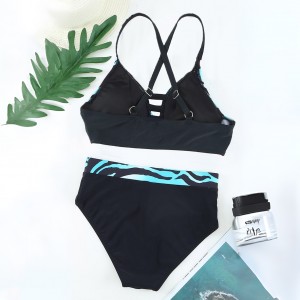 Custom women two piece swimsuits stripe colorblock high cut bikini set | OMI Swimwear Supplier