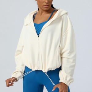 Factory Custom loose casual sports full zip hoodies outdoor running drawstring hem jacket