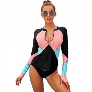 Custom women 1/3 zip colorblock long sleeve surfing beach rash guard | OMI Swimwear Vendor