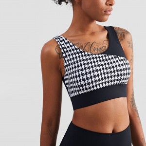 Womens houndstooth printed yoga sports bra colorblock U back gym workout fitness athletic top