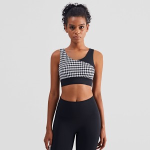 Womens houndstooth printed yoga sports bra colorblock U back gym workout fitness athletic top