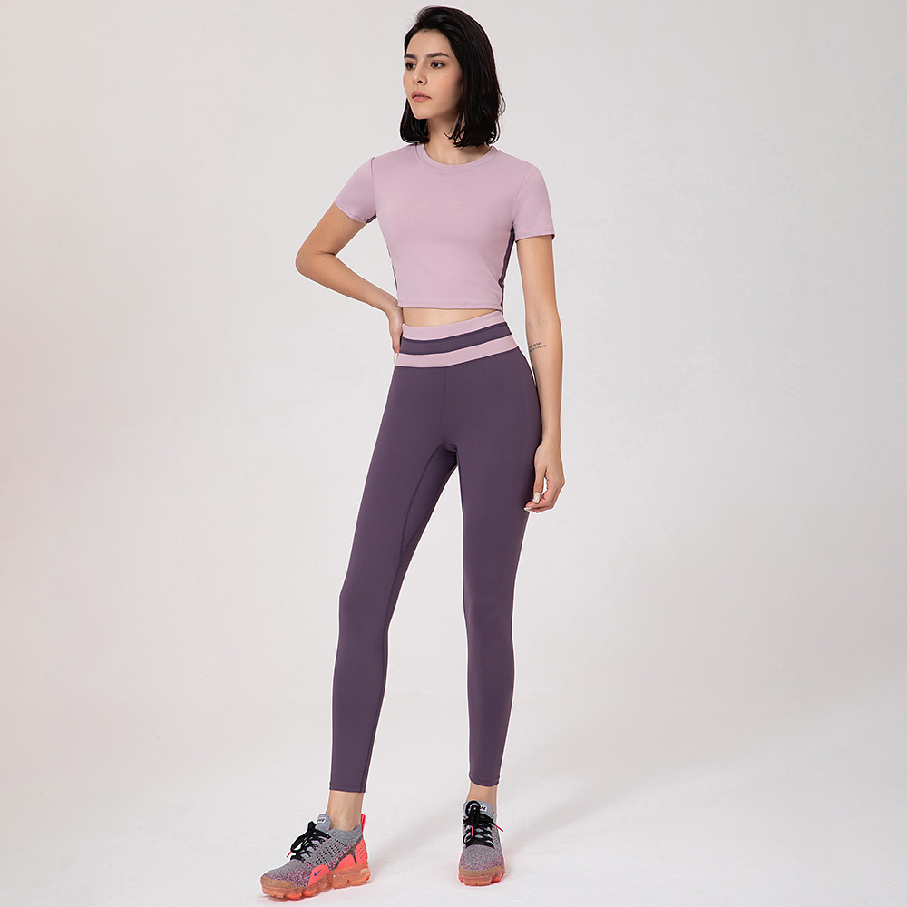 China Custom 2 piece women high waist leggings suit gym sets short sleeve  crop top yoga activewear set factory and suppliers