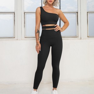 Best-Selling China Recycled Fabric Nylon Slant-Shoulder Bra Shorts Yoga Suit Sexy Gather Fitness Suit Sportswear