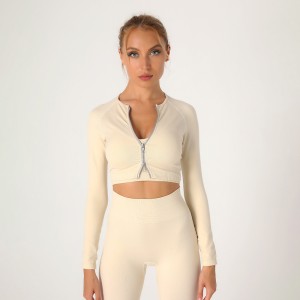 Custom double zipper sports running workout gym crop tops women long sleeve fitness yoga top