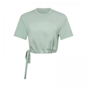 Women short sleeve fashion crop t-shirt moisture-wicking fitness running sports drawstring loose top