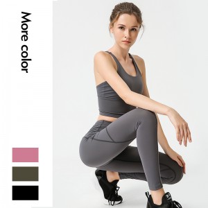 Custom Womens Fitness Workout Set Cross Strape Sports Bra Pockets Leggings Nude Yoga Sets