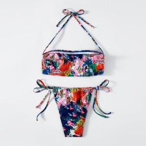 Womens 2 piece halter bandeau bikini set printed triangle bathing suit tie string thong swimwear