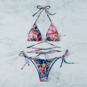 Womens halter tie side triangle bikini set string 2 piece swimsuit o ring printed bathing suits