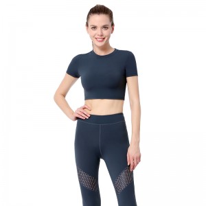 Custom short sleeve crop top 2 piece mesh leggings sets high quality women active wear yoga set