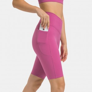 Womens bike shorts cross V waistband no T-line workout yoga pants with phone pockets