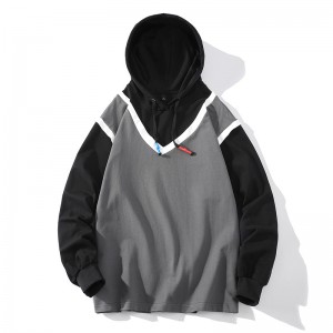 Mens fake two piece patchwork pullover hoodies color block fashion drawstring casual sweatshirts