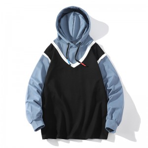 Mens fake two piece patchwork pullover hoodies color block fashion drawstring casual sweatshirts