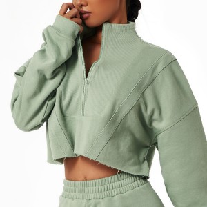 Women long sleeve loose zip crop jacket fashion stand collar gym training casual outdoor sweatshirts