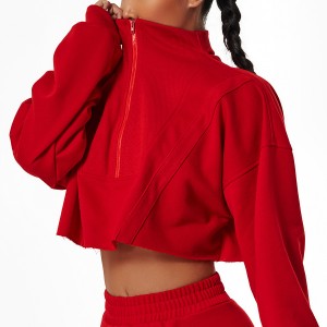Women long sleeve loose zip crop jacket fashion stand collar gym training casual outdoor sweatshirts