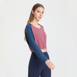 Women crop long sleeve sweatshirts color block loose running sports top training fitness tshirts