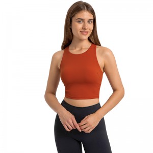 Womens sleeveless tshirts round neck padded yoga crop tank tops with built in shelf bra