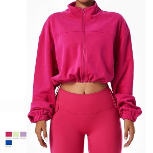 Women loose long sleeve sports zip sweatshirts outdoor running training drawstring hem crop coats