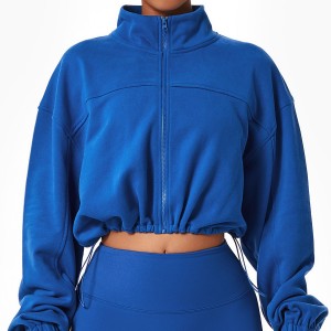 Women loose long sleeve sports zip sweatshirts outdoor running training drawstring hem crop coats