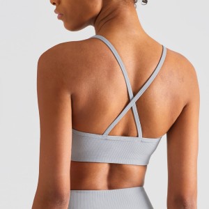 Women rib sexy V neck sports bra criss cross spaghetti straps workout yoga running crop tank top