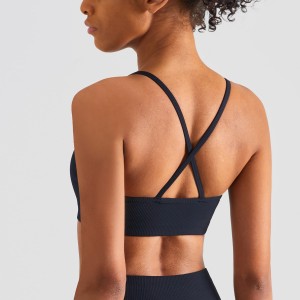 Women rib sexy V neck sports bra criss cross spaghetti straps workout yoga running crop tank top