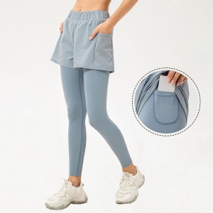 Women fake two piece leggings high waist butt lift gym pants loose running sweatpants with pocket