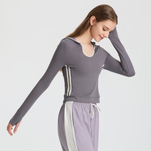 Women yoga top autumn silm fit hooded sports hoodies long sleeve stripe running fitness sweatshirts