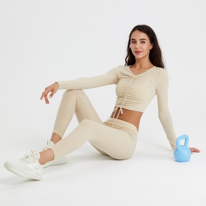 Women yoga two piece set long sleeve drawstring crop top breathable high strength leggings sets