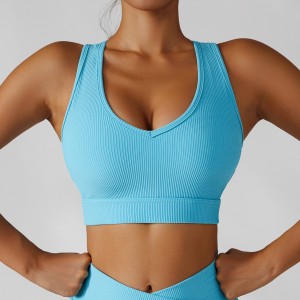 Women rib yoga sports bras quick dry v neck racerback outdoor running fitness workout gym top