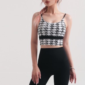 Women houndstooth printed spaghetti straps sports bra color block fitness workout tank crop tops