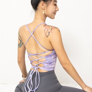 Women cross spaghetti straps printed sports bra lacing strap sex backless crop yoga tank top