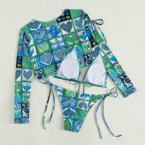 Womens 3 pieces swimsuits rashguard long sleeve swimwear print halter strappy bikini bathing suit