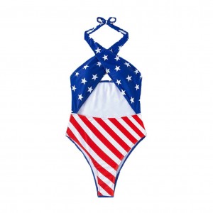 Womens flag one piece swimsuits sexy halter criss cross high waisted cut out monokini swimwear