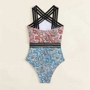 Womens one piece swimsuit cross straps color block printed monokini swimwear bathing suits