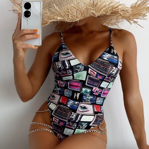 Womens spaghetti strap print monokini V neck bathing suit high cut one piece swimsuit with chain