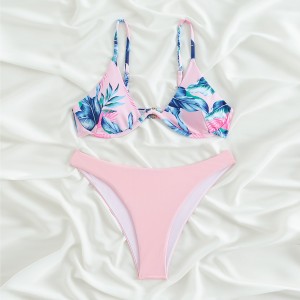 Womens bikini set printed spaghetti straps swim top solid high cut triangle two piece swimsuits