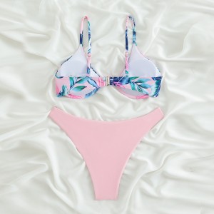 Womens bikini set printed spaghetti straps swim top solid high cut triangle two piece swimsuits