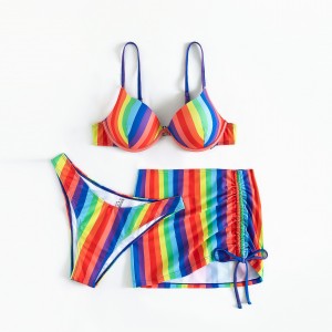 Womens 3 piece bikini set amazon swimsuits rainbow printed bathing suits with cover up beach skirt