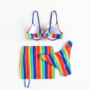 Womens 3 piece bikini set amazon swimsuits rainbow printed bathing suits with cover up beach skirt