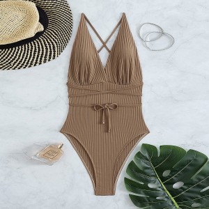 Womens sexy one piece lace up straps swimsuit cross back high cut bathing suit swimwear