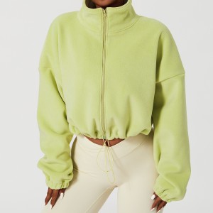 Women outdoor sports zip coat stand collar loose drawstring hem winter casual crop top jackets