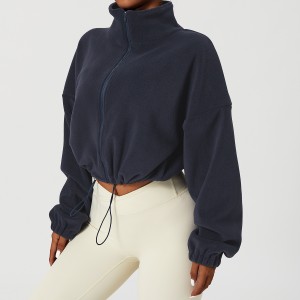 Women outdoor sports zip coat stand collar loose drawstring hem winter casual crop top jackets