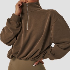 Women high neck half zip pullover fitness running drawstring hem loose long sleeve sweatshirts