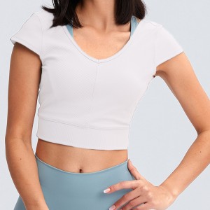 Wholesale fashion workout gym yoga wear v back crop top short sleeve rib fitness yoga top