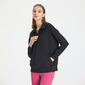 Women rib lapel autumn sportswear 1/4 zip yoga long sleeve top running fitness kangaroo sweatshirt