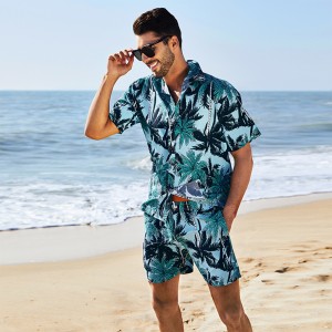 Men summer beach wear set fashion Hawaii printing short sleeve shirt loose plus size shorts 2 piece