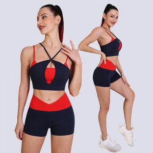 Womens new colorblock sexy strape sports bras fitness high waist shrots yoga wear sets