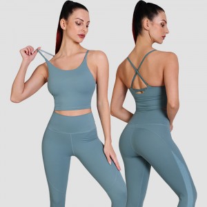 Womens cross strap sexy sports bras and colorblock butt lifting leggings yoga wear set