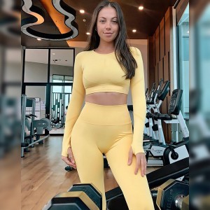 Women seamless fitness set long sleeve crop top butt lift leggings 2pcs – Seamless | Activewear sets
