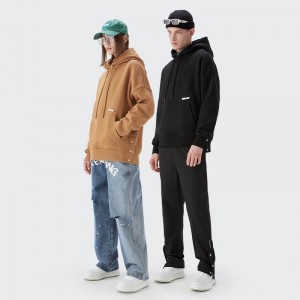 Men winter casual streetwear side split with button drawstring sweatshirts pullover fleece hoodies